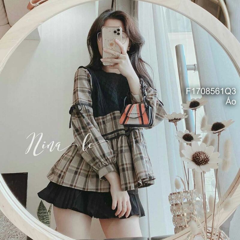 Áo babydoll kẻ caro phối len tay dài cột nơ hàng QC!KFreesize dươi 57kg
