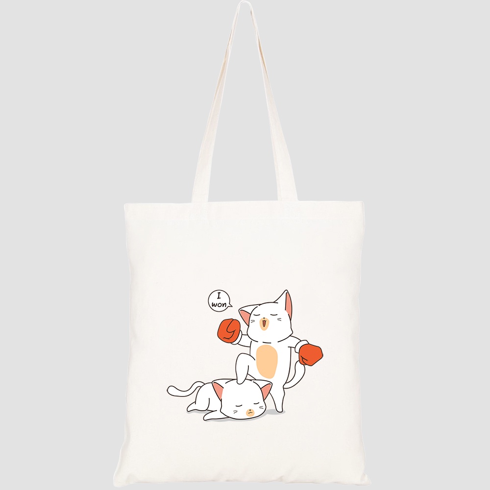 Túi vải tote canvas HTFashion in hình kawaii boxing cat character HT121