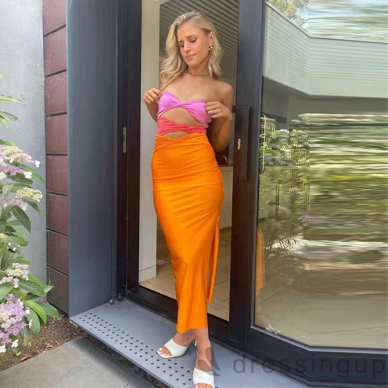 Đầm Ống Ôm Dáng Không Dây Màu Tương Phản Thời Trang Cho Nữ