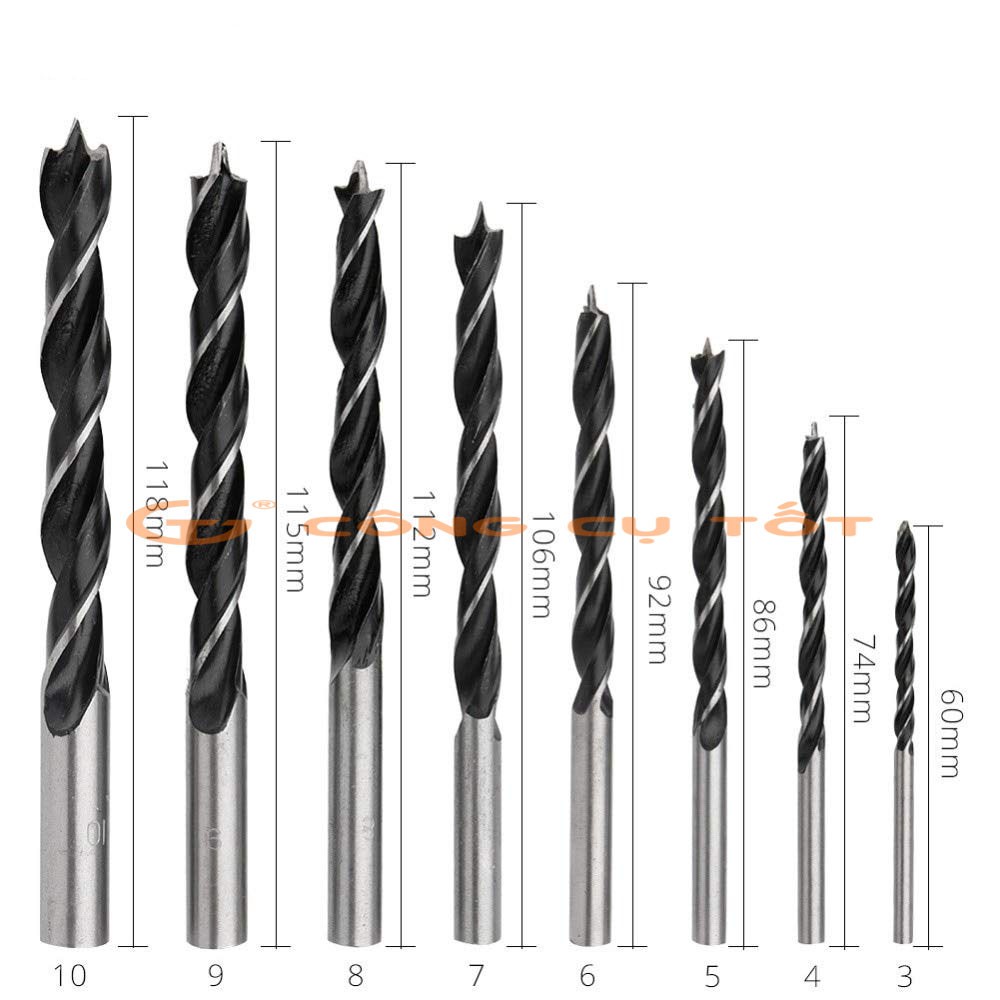 Hộp 8 mũi khoan gỗ đầu đinh 3-10mm chuôi tròn