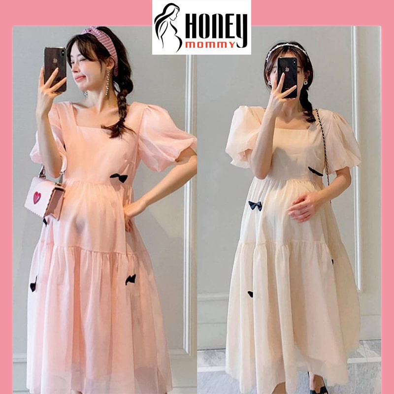Váy Bầu Voan Tay Bồng Dáng Xòe Thiết Kế Xinh Xắn Đi Chơi Đi Biển Mùa Hè Đầm Bầu Đẹp Dự Tiệc Babydoll HD2662 Honey Mommy