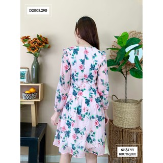 Đầm tơ hoa tay dài đan ngực - D2003