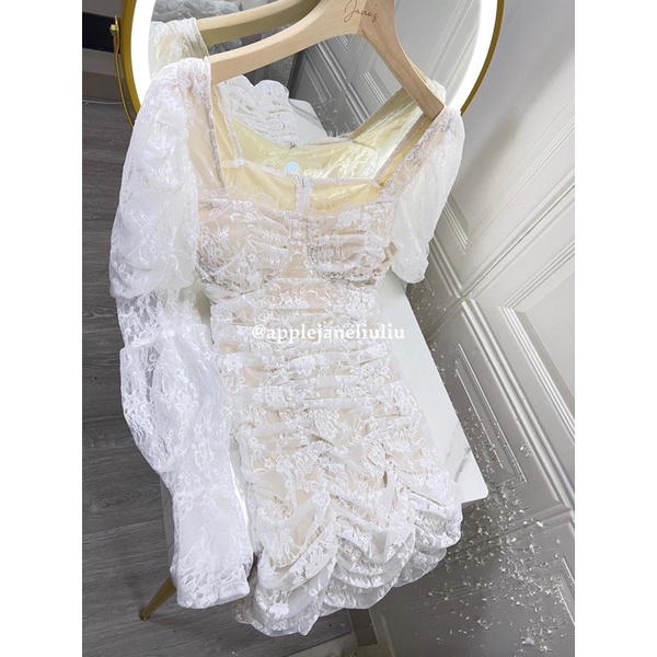 Jane Váy trễ vai tay áo phồng ren jacquard