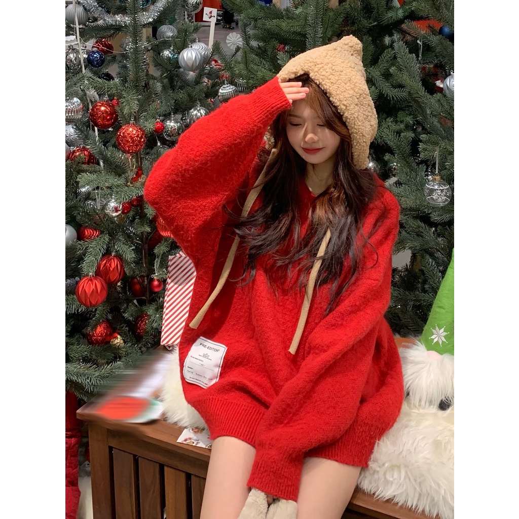 kumivn sẵn áo váy len đỏ noel có mũ rộng ulzzang style