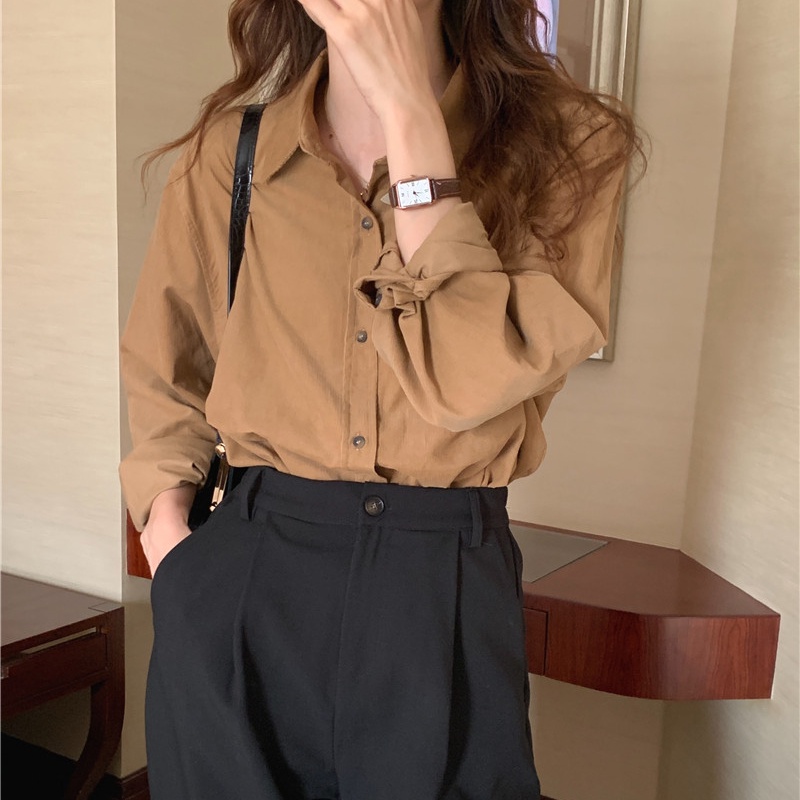 SUXI Áo Sơ Mi Dài Tay Màu Sắc Đơn Giản Phong Cách Hàn Quốc