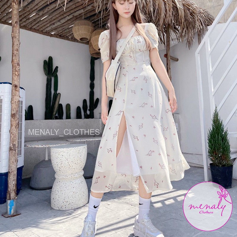 Váy đầm nữ vintage hoa nhí cổ vuông tay bồng VH045