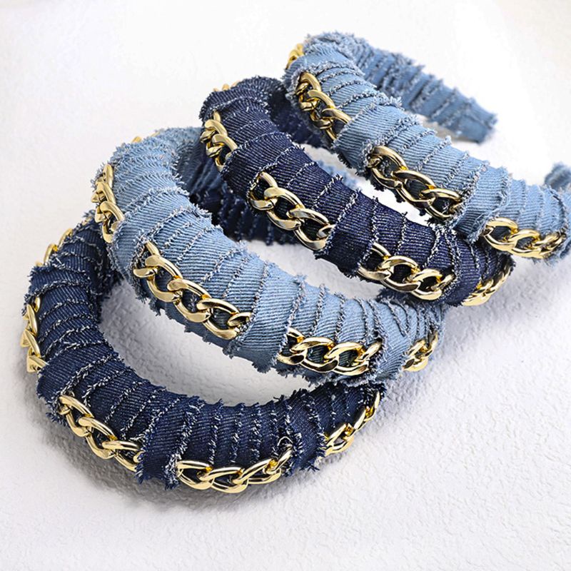 Băng Đô Vải Denim Bản Rộng Họa Tiết Kẻ Sọc Màu Sắc Trơn Phối Xích Kim Loại Kiểu Retro Cho Nữ