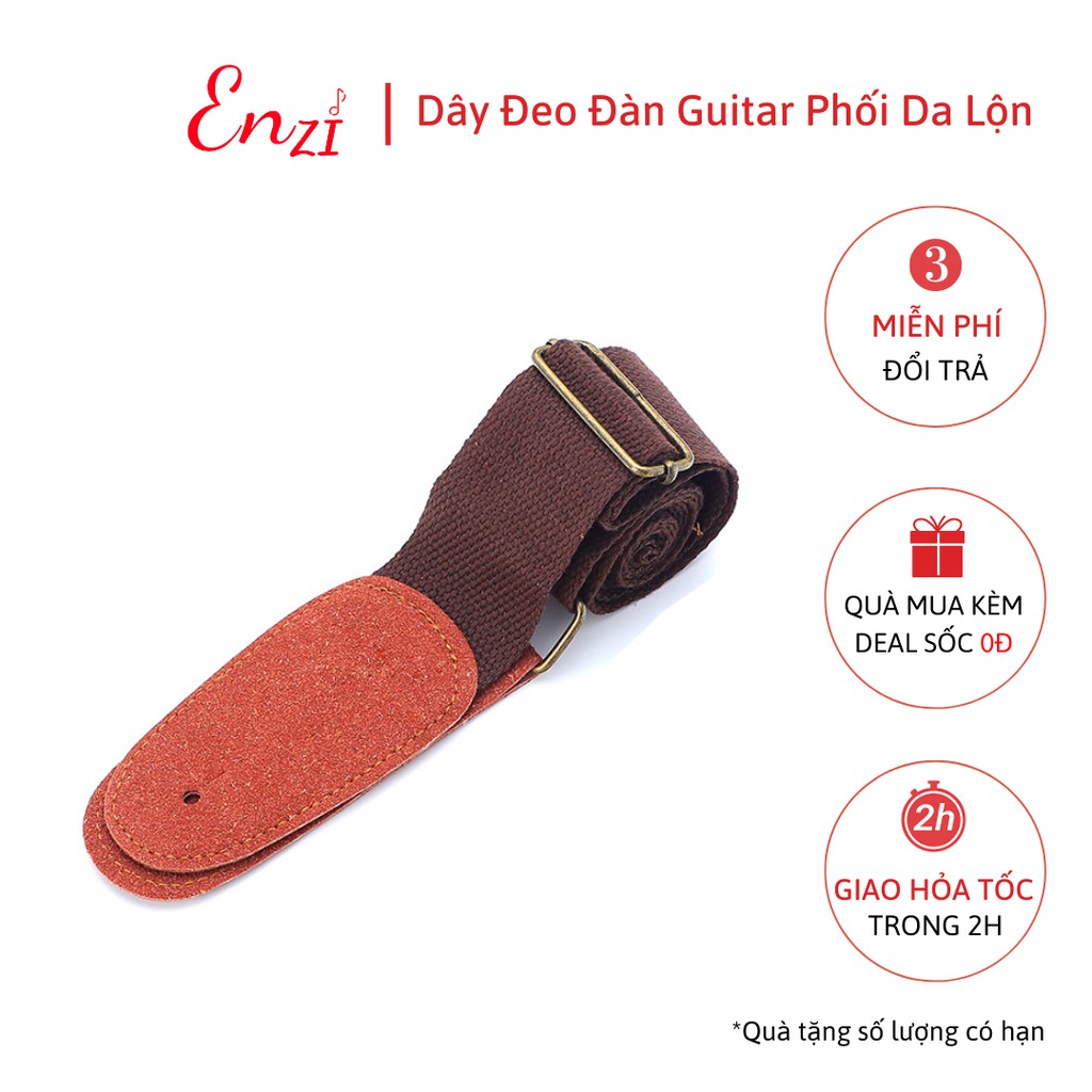 Dây đeo đàn guitar ukulele đàn classic, acoustic ghi ta bass  ghita điện phối da lộn màu đen kem nâu Enzi