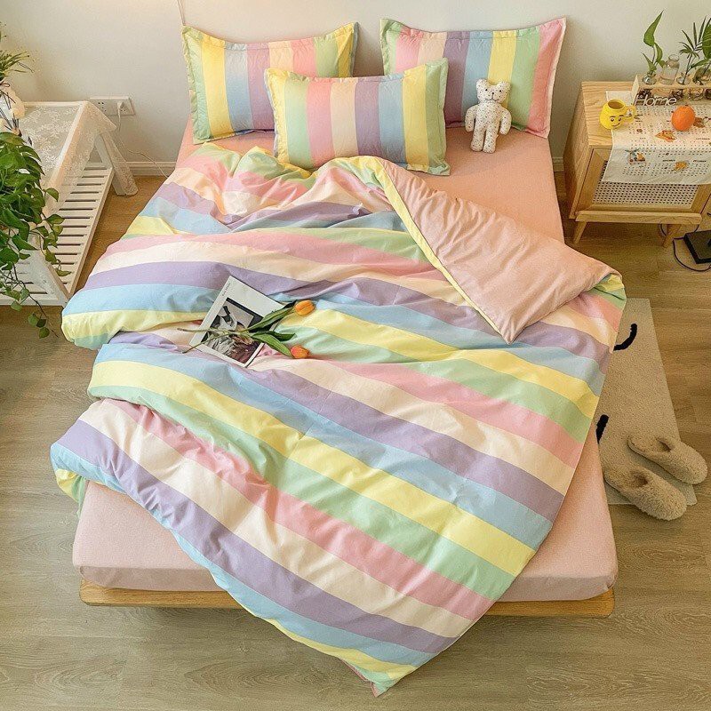 Set 4 VỎ CHĂN/ MỀN Ga Gối Cotton Poly Mẫu KẺ CẦU VỒNG Siêu Xinh Và Nhẹ Nhàng. Chăn Ga Gia Đình