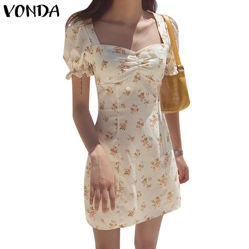 VONDA Women Korean Casual Square Neck Short Sleeve Floral Sexy Short Dress | BigBuy360 - bigbuy360.vn