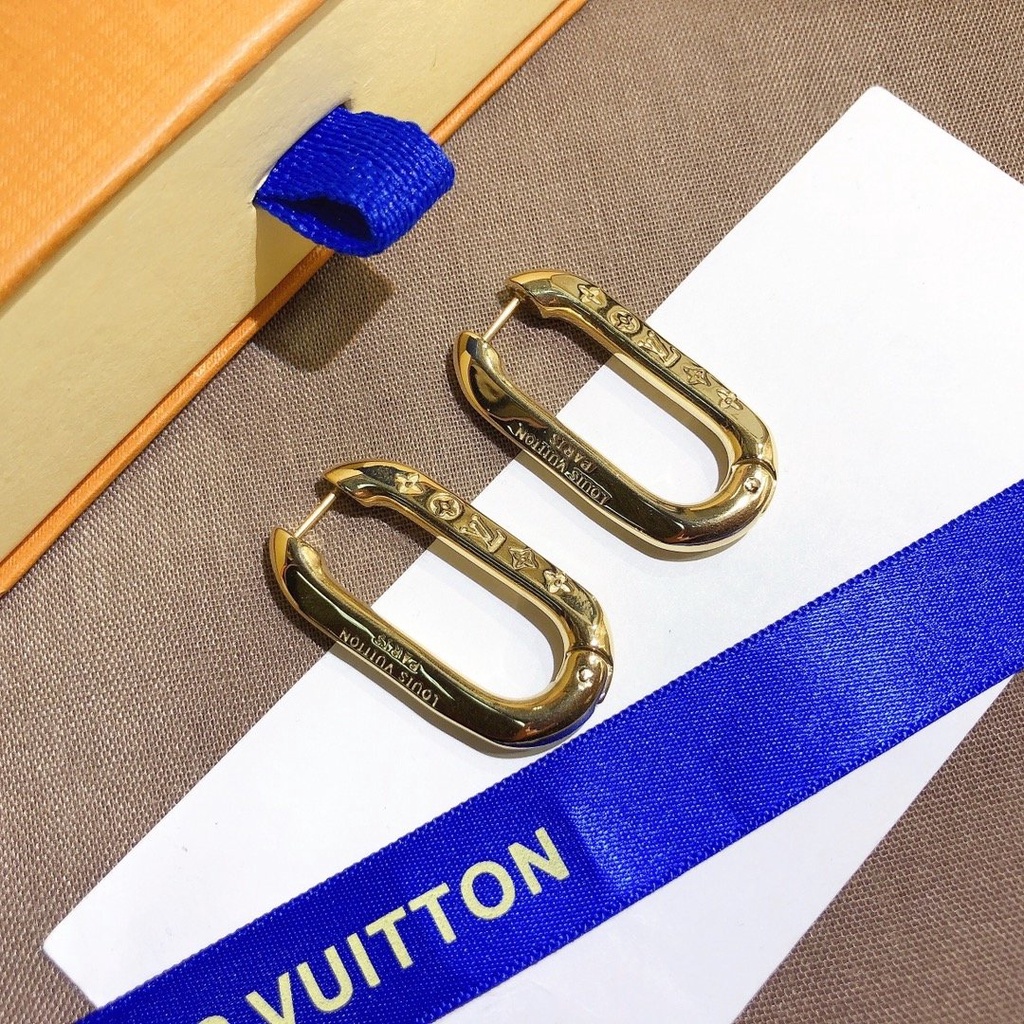 LOUIS VUITTON Khuyên Tai Tròn Bằng Thép Titan In Logo LV Thời Trang