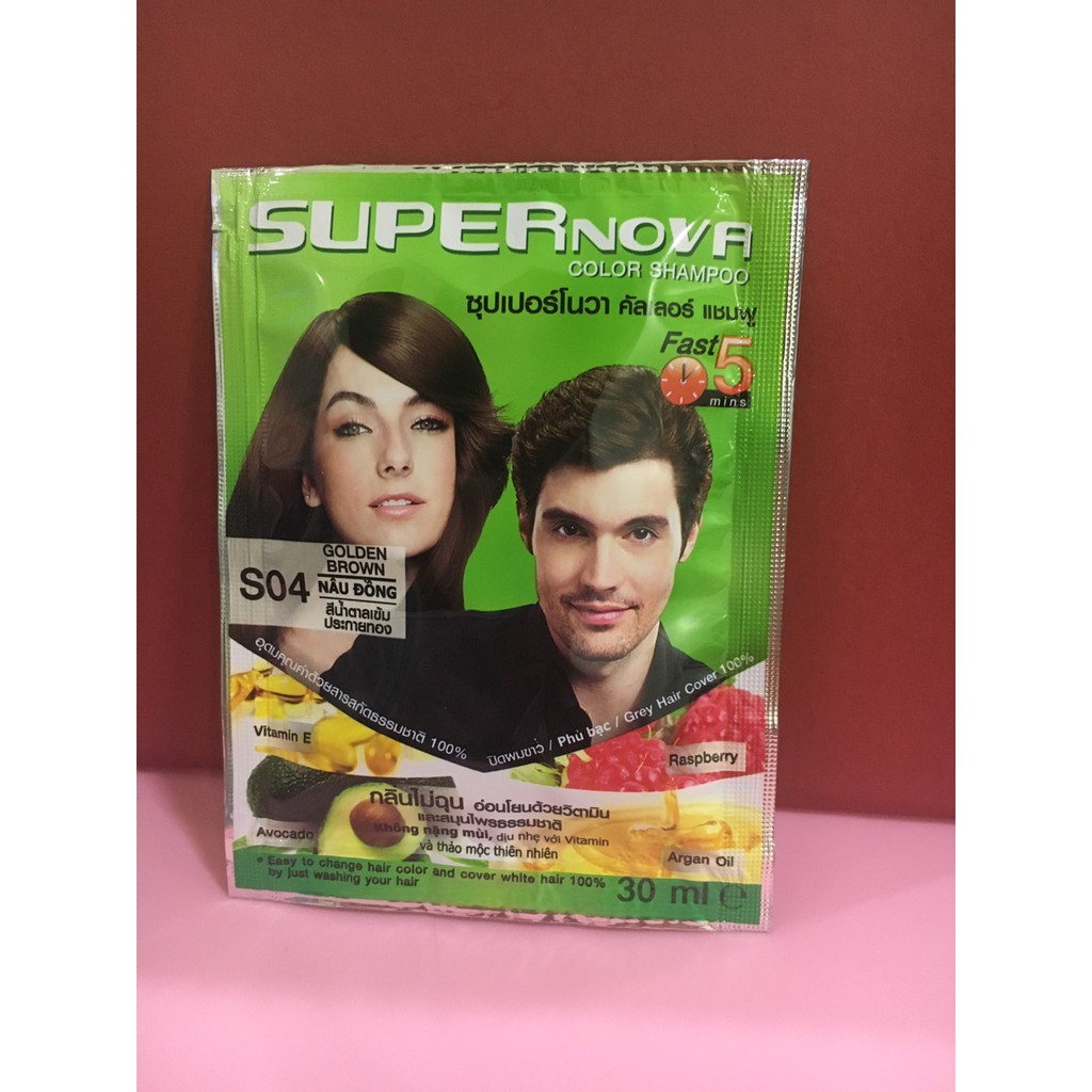 Dầu gội nhuộm tóc phủ bạc Thái Lan Supernova 30ml (có 4 màu: Đen - Nâu đen - Nâu tự nhiên - Nâu hạt dẻ - Nâu đồng)