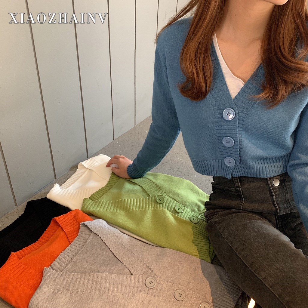 Xiaozhainv Áo len sweater dài tay cổ chữ V dáng ngắn phong cách Hàn Quốc thời trang