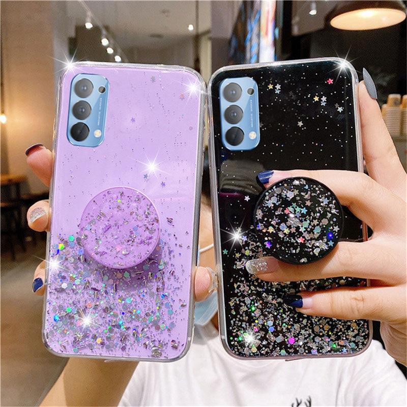 Glitter Bling Sequins Case Soft Silicone TPU Mirror Stand Holder Back Cover casing OPPO A15 A15s Reno 5 4G A12 A31 A52 A92 A93 A33 A53 A5 A9 2020