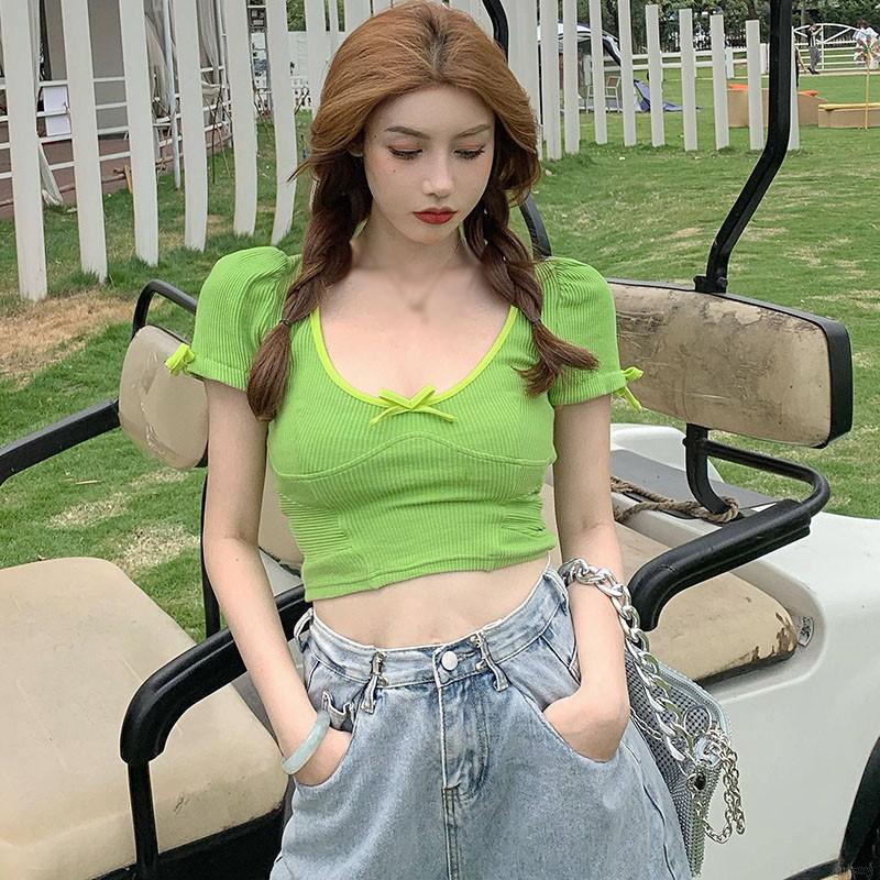 Áo Thun Tay Ngắn Cổ Chữ U Phối Nơ Xinh Xắn Phong Cách Hàn Quốc Dành Cho Bạn Gái