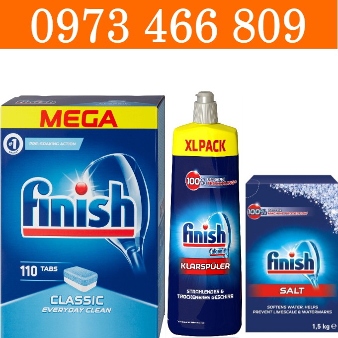 Combo Viên rửa bát Finish 110 V + Muối rửa chén Finish 1.5kg + Nước làm bóng Finish 750 ml