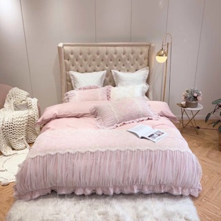 Bộ chăn ga cưới phong cách hàn quốc Ren thêu trên nền lụa