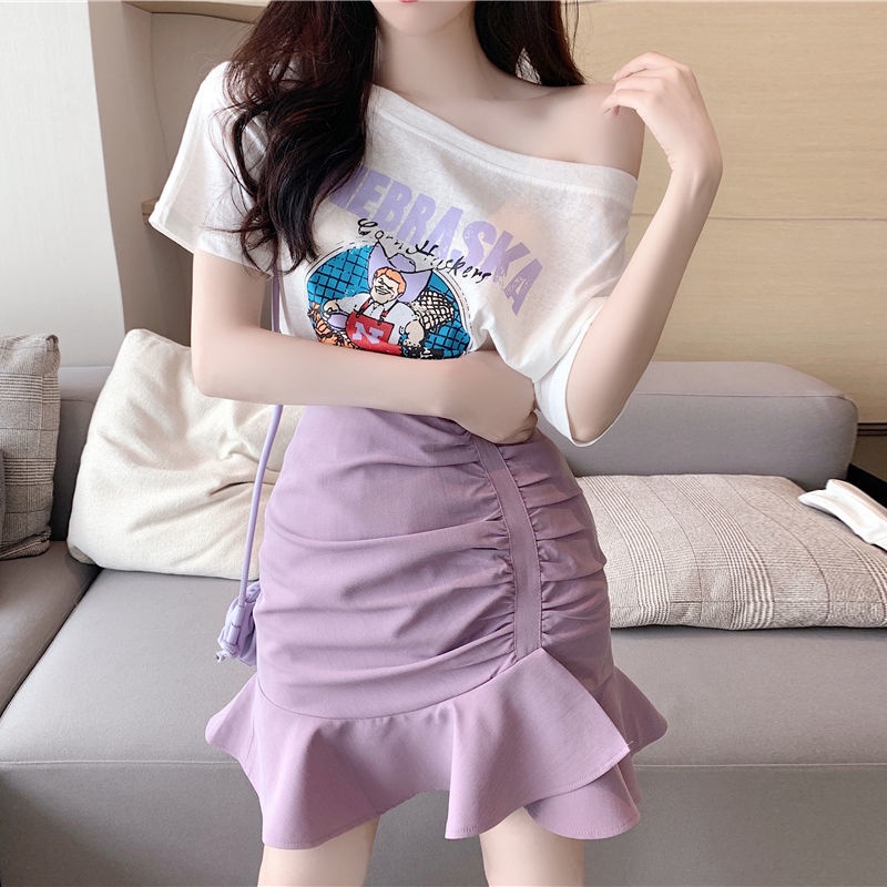 Jiashucheng Set Áo Thun Ngắn Tay + Chân Váy Ôm Phong Cách Hàn Quốc Thời Trang Cho Nữ