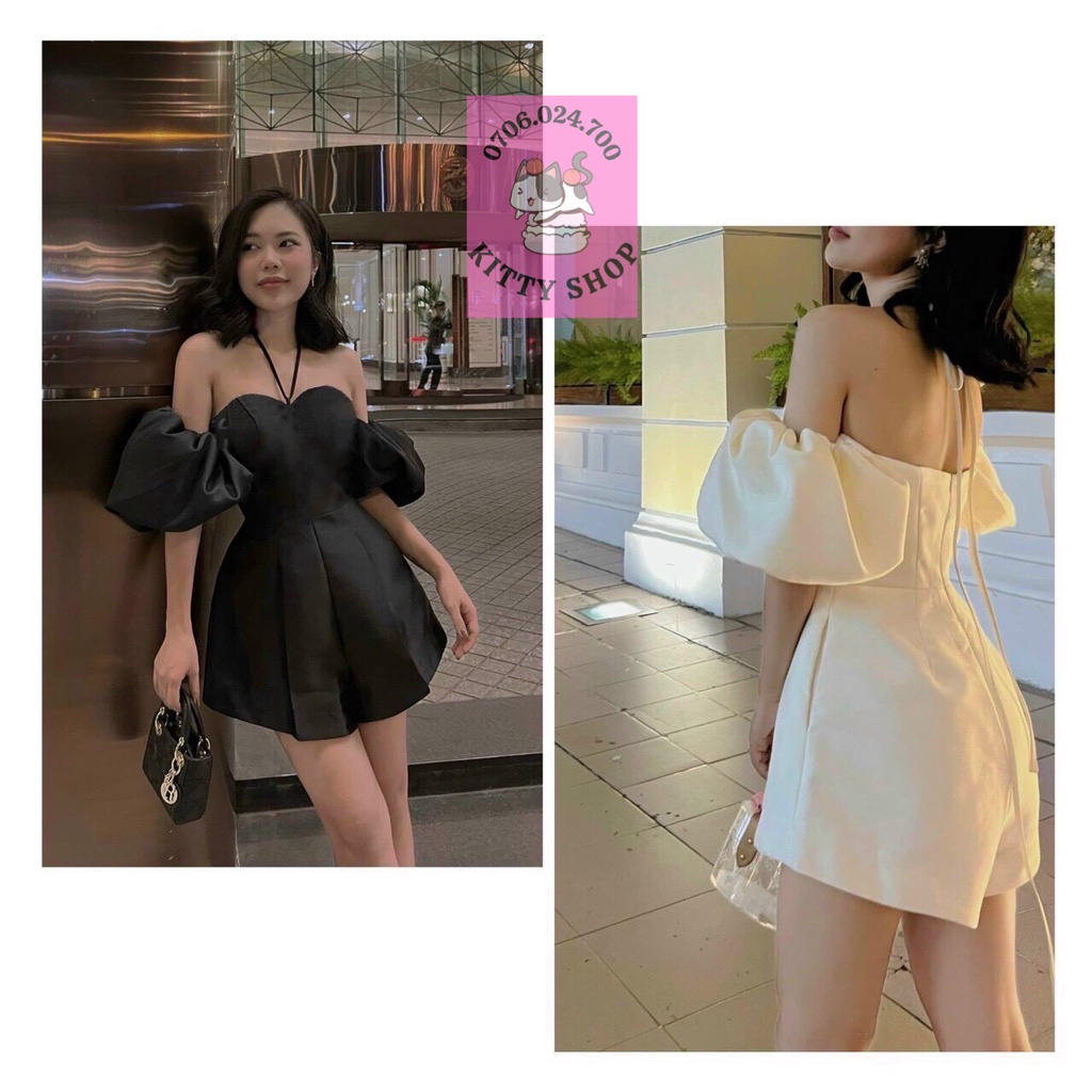 🎀 Jum tay phồng cổ yếm rớt vai có mút ngực có khóa kéo sau, jumsuit short ống rộng, chất tapta bóng dày dặn đứng phom 🎀