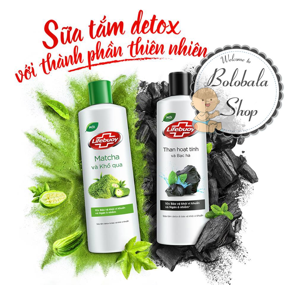 Set 2 chai Sữa tắm Lifebouy THAN HOẠT TÍNH + BẠC HÀ và MATCHA + KHỔ QUA 200g