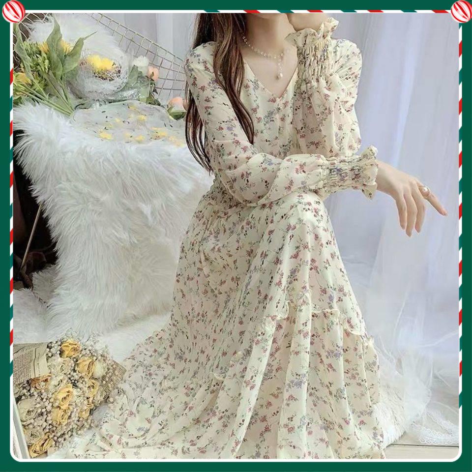 Đầm Chiffon Tay Dài Cổ Chữ V In Họa Tiết Hoa Mẫu Mới Thời Trang Xuân Thu