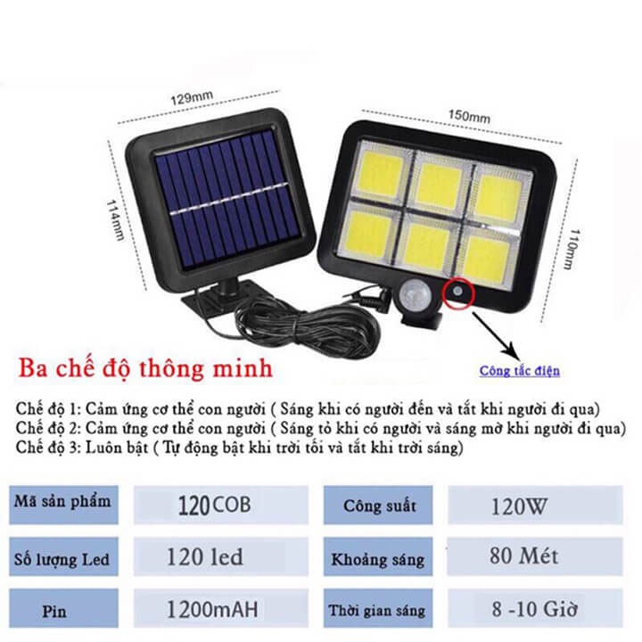 Đèn năng lượng mặt trời 6 Cob 120 Led Pin rời kèm điều khiển từ xa dây nối 5m cảm biến chuyển động