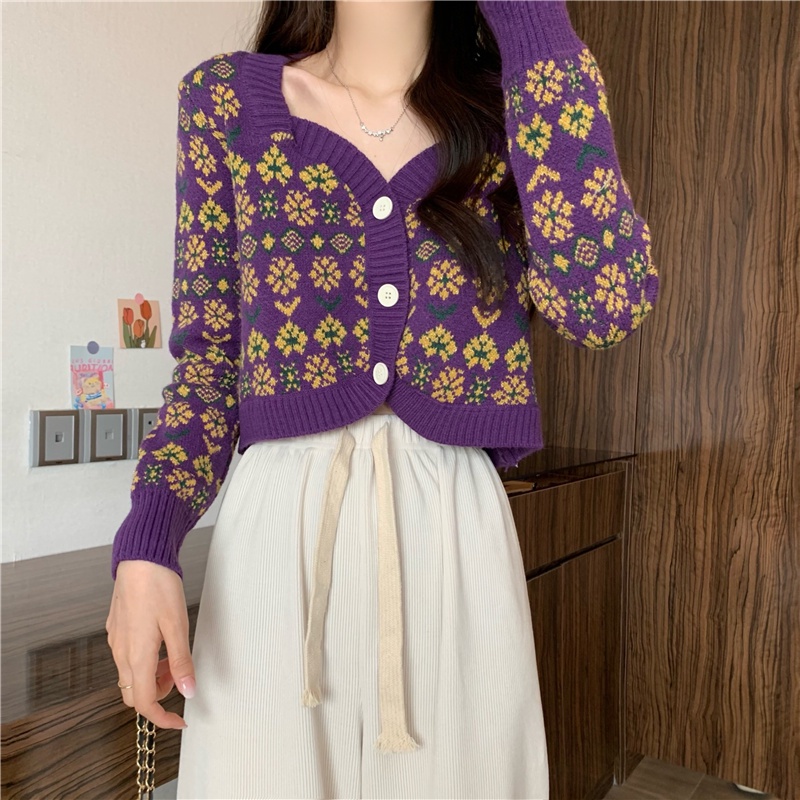 IELGY    Áo Khoác cardigan Dệt Kim Tay Dài In Họa Tiết Hoa Phong Cách Nhật Bản Cho Nữ