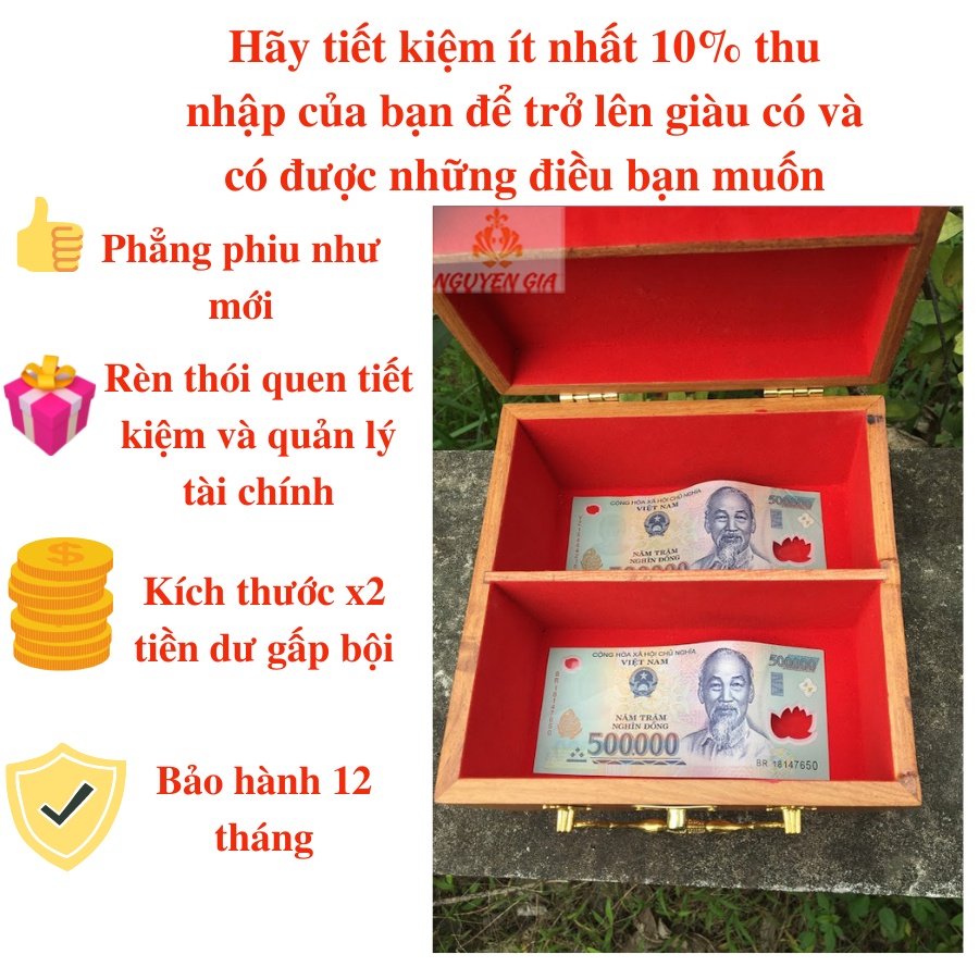 Hộp gỗ đựng tiền tiết kiệm 2 ngăn có khóa (Size Lớn)