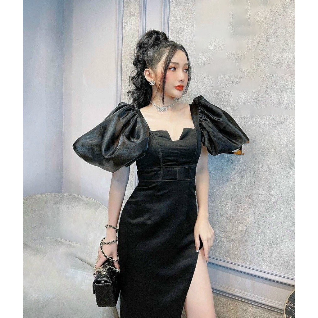 [HCM] Đầm Ôm Body Xẻ Tà Phồng Vai Cổ Vuông Cao Cấp Thời Trang Nữ Sam Closet Free Size 40-55kg