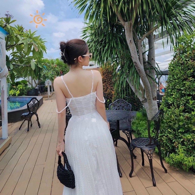 Đầm maxi ren trắng dập ly xoè 2 dây rớt vai Đầm váy đi chơi dạo phố du lịch đi biển dự tiệc sang trọng quý phái hotgirl