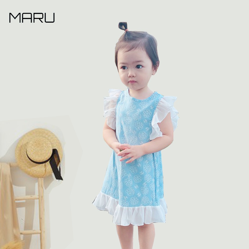Váy trẻ em bé gái đũi mềm mại màu xanh bạc hà, in hình hoa trà dễ thương - Váy trẻ em từ 1 tháng tuổi đến 7 tuổi
