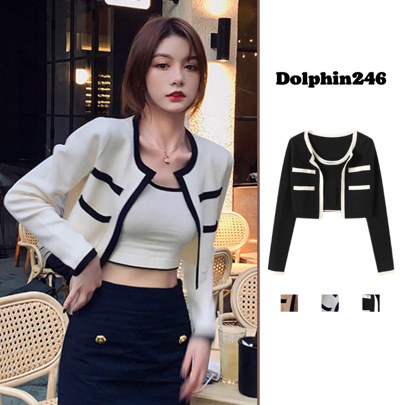 Áo Khoác Cardigan Dệt Kim Croptop Set Tay Dài Màu Trơn Thời Trang Hàn Quốc Cho Nữ B-9