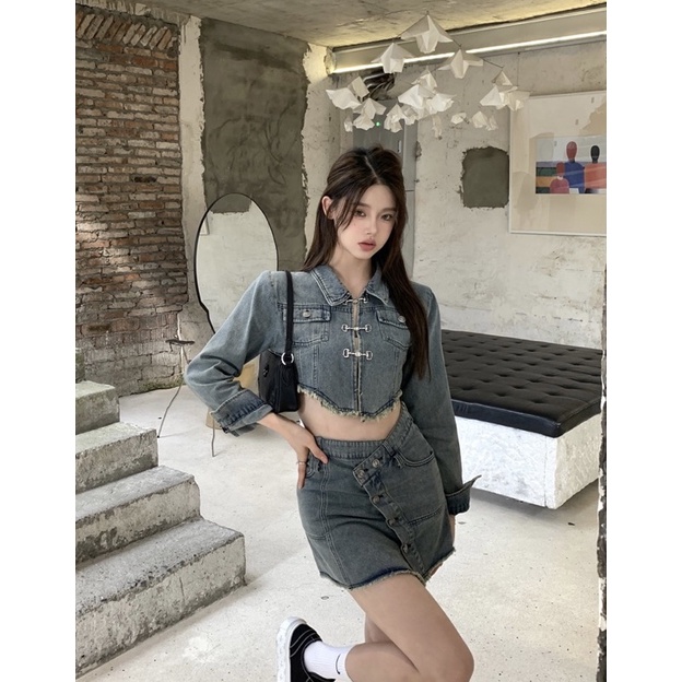Áo khoác croptop + chân váy Jean Ulzzang