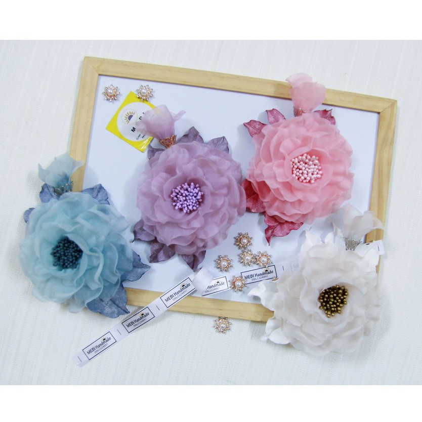 (Ảnh thật 100%) Hoa cài áo handmade vải voan 1 nụ đế kim loại siêu sang (size 13.5 - 14cm)