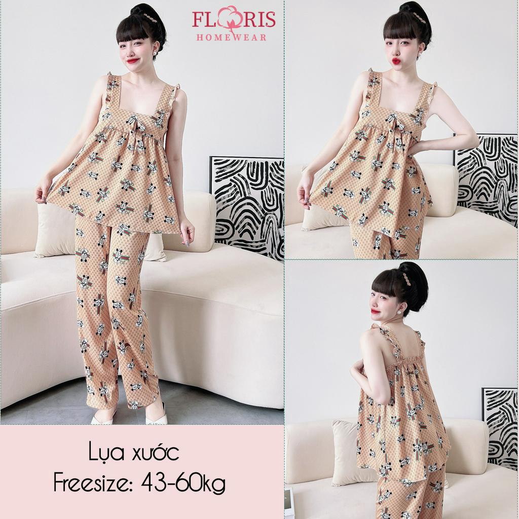 Đồ bộ nữ hai dây lụa xước cánh tiên quần dài mặc nhà mềm mịn thoáng mát, may cẩn thận