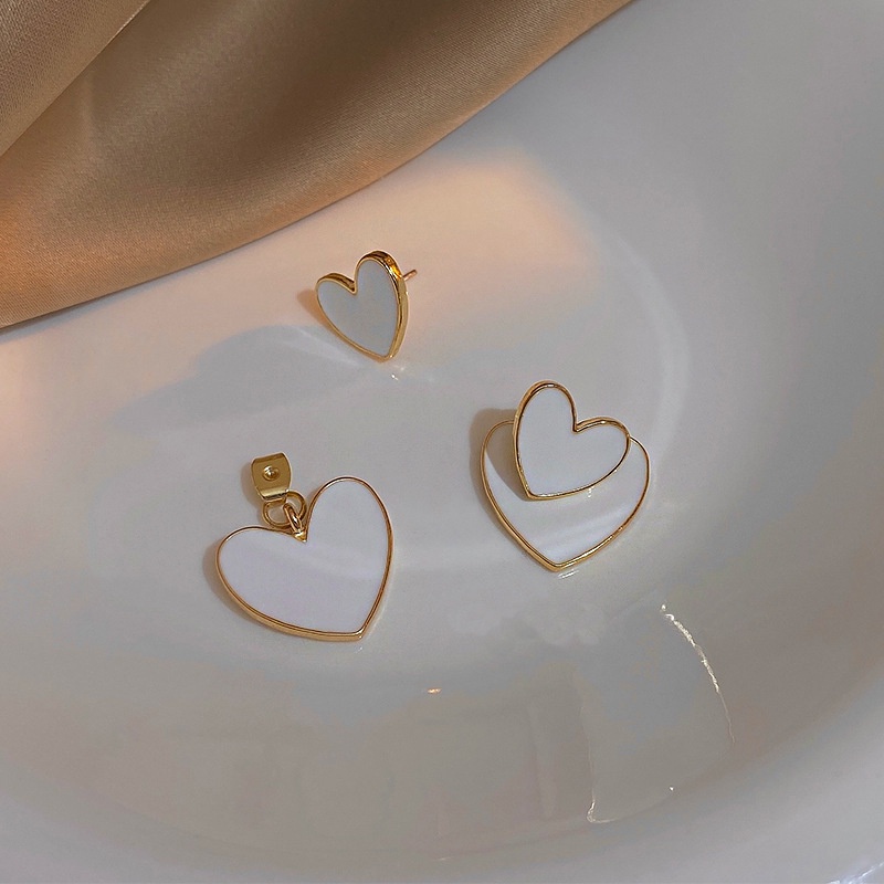 Đôi khuyên tai 17KM bạc S925 mặt hình trái tim hai lớp thời trang đơn giản dành cho phái nữ