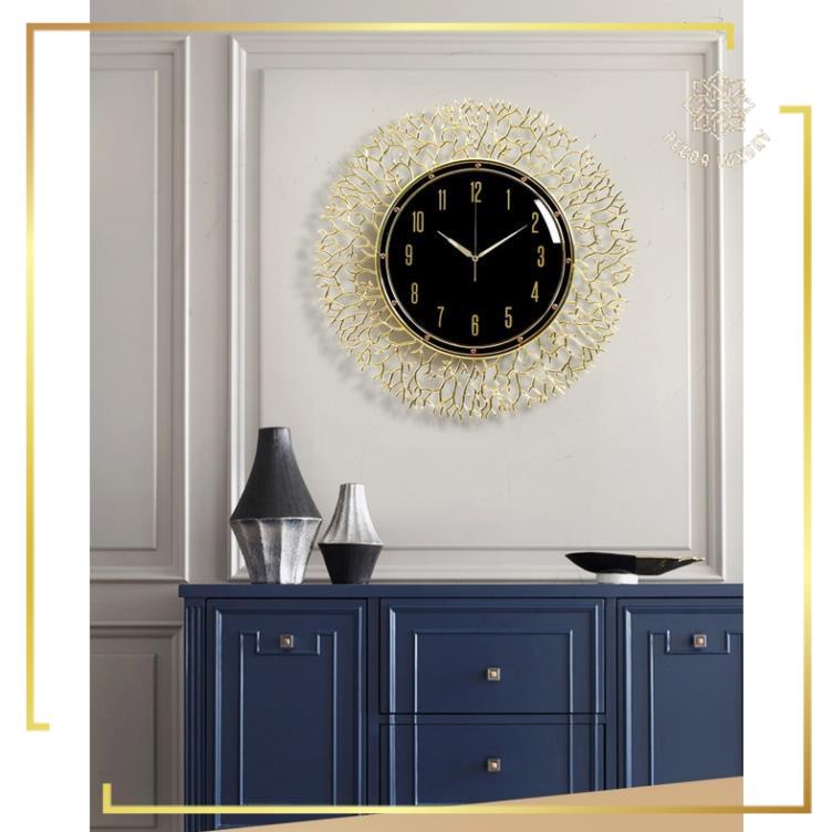 Đồ Nội Thất, Decor Trang Trí Đồng Hồ Treo Tường, Đồng Hồ Trang Trí Decor Cao Cấp Mạ Vàng Luxury San Hô Mặt Đen