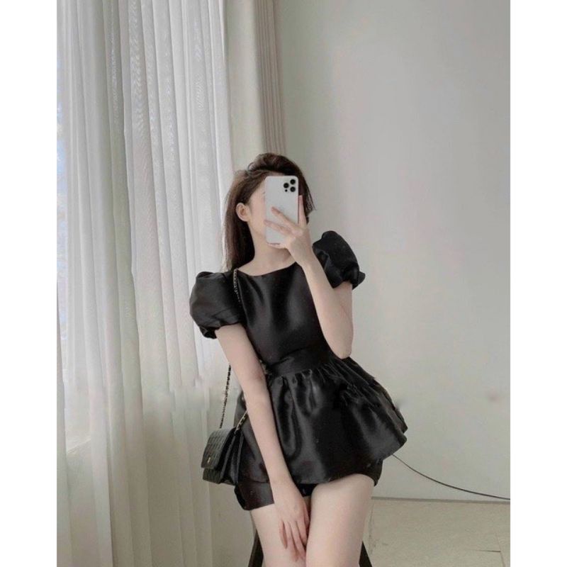 Sét Đồ Baby Doll Cổ Tròn Nơ Lưng To Tay Phồng Ulzzang, Bộ Đồ Bánh Bèo Đi Biển Cực Xinh