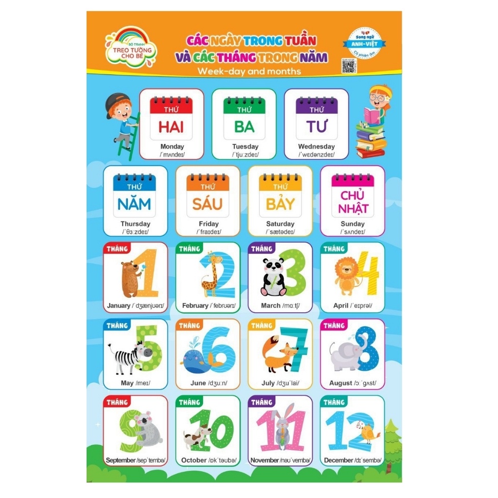 Bộ tranh treo tường kĩ năng cho bé - 10 chủ đề - quét mã âm thanh QR, song ngữ Anh-Việt