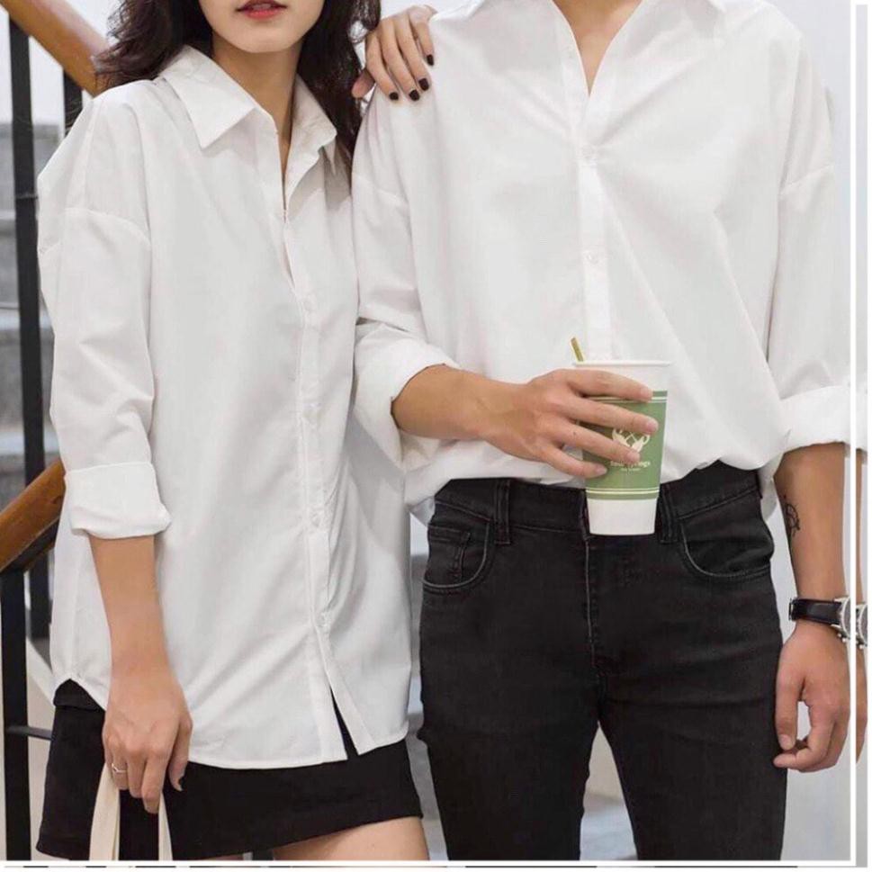 Áo sơ mi nam nữ dài tay Unisex Basic TRƠN Form rộng màu trắng và đen Chất cotton lụa mịn mát Bigsize,Áo sơ mi unisex SM1