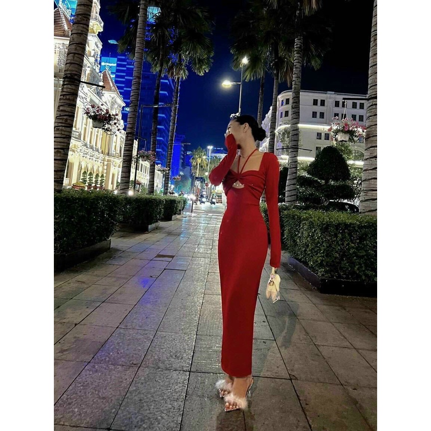 đầm tay dài kiểu cột dây ngực xinh kk