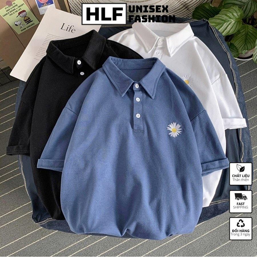 Áo thun polo cổ trụ thêu hoa cúc bên ngực, áo thun có cổ HLFashion