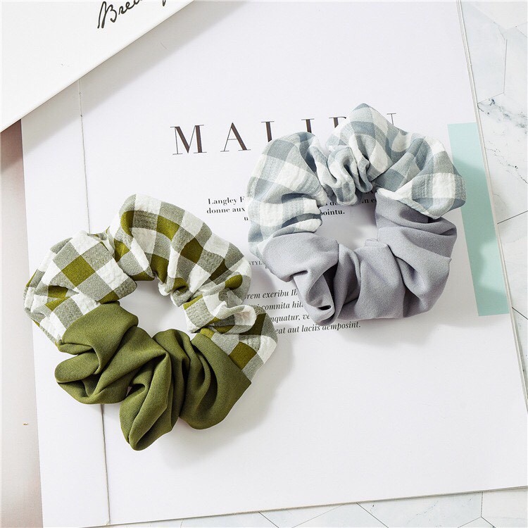 Dây cột tóc scrunchies vải phối màu caro - Mã SC006