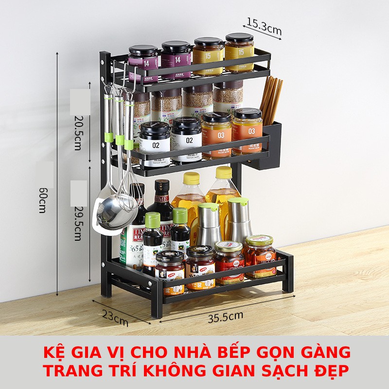 Kệ Gia Vị 2, 3 tầng INOX sơn tĩnh điện chống rỉ Cao Cấp  có khe cài dao, giá để thớt và ống cắm đũa