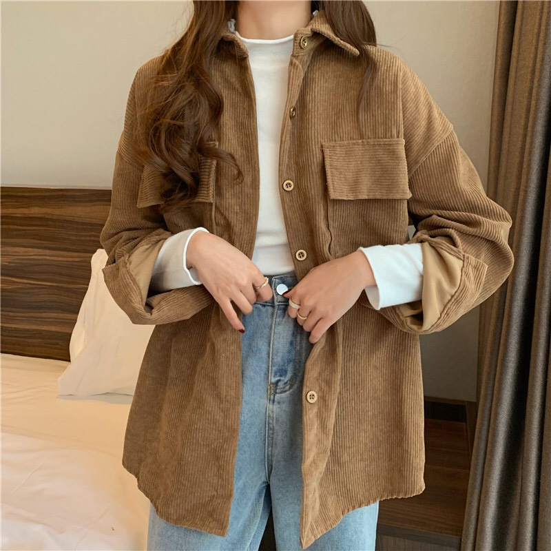 Áo Khoác kiểu dáng sơ mi Chất Nhung TÚI ĐẮP 2 BÊN - Áo khoác Nữ Nhung Siêu Đẹp  F.S.Shop68