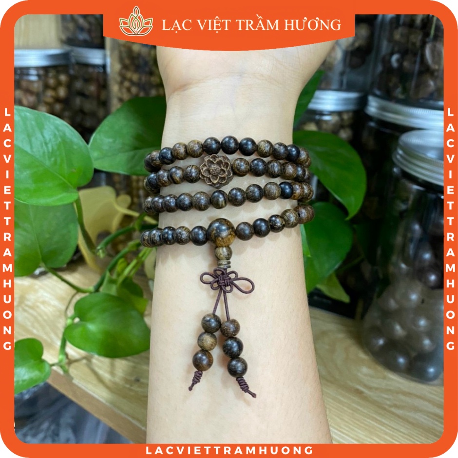 Vòng Tay Trầm Hương Dó Dây INDO 108 Hạt 6mm Kết Hợp Hoa Sen Trầm Sánh Chìm - Lac Việt Trầm Hương