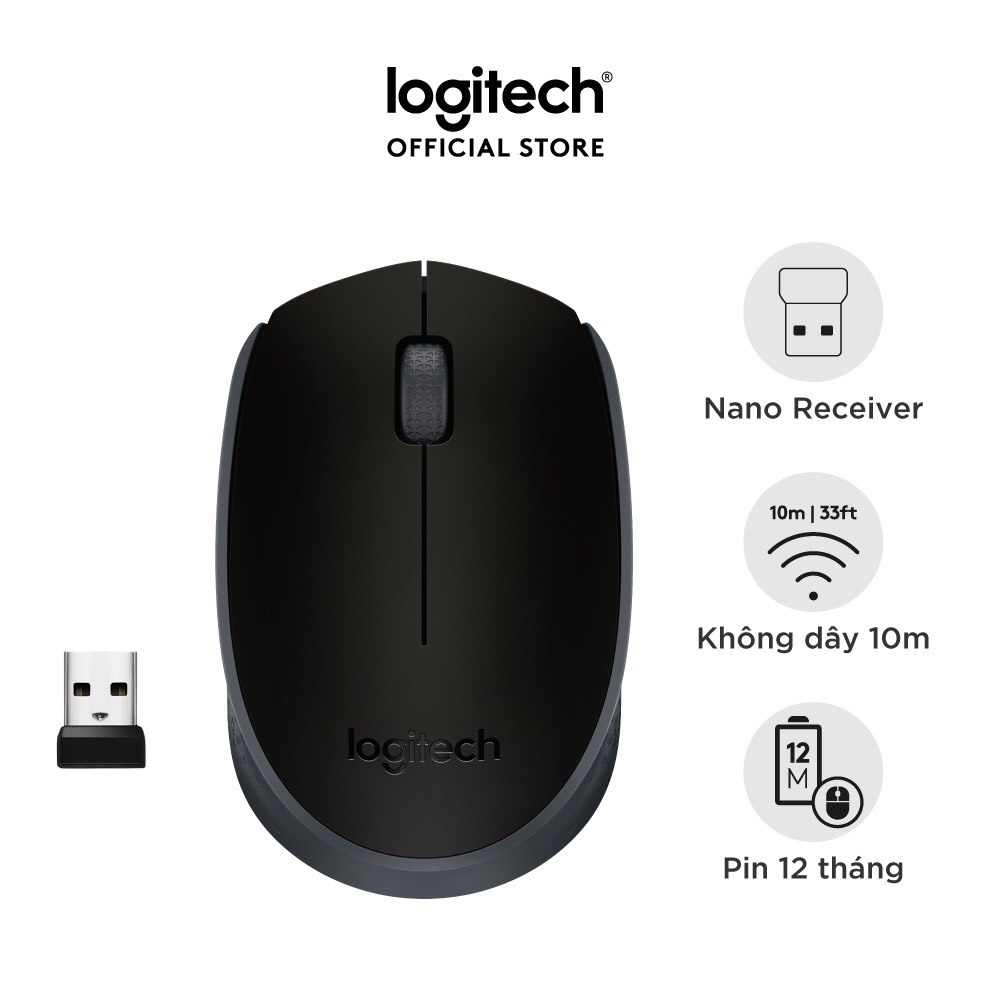 Chuột không dây Logitech B170 - USB, nhỏ gọn, pin 1 năm, phù hợp PC/ Laptop - Hàng Chính Hãng