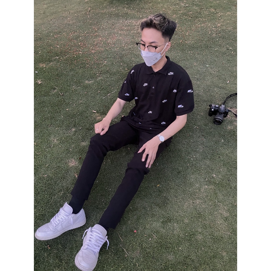 Áo thun Polo Full Logo Đen Thêu Nam Nữ Cổ Bẻ - Vải Vải Cá Sấu Cotton Lacoste Trẻ Trung Xịn