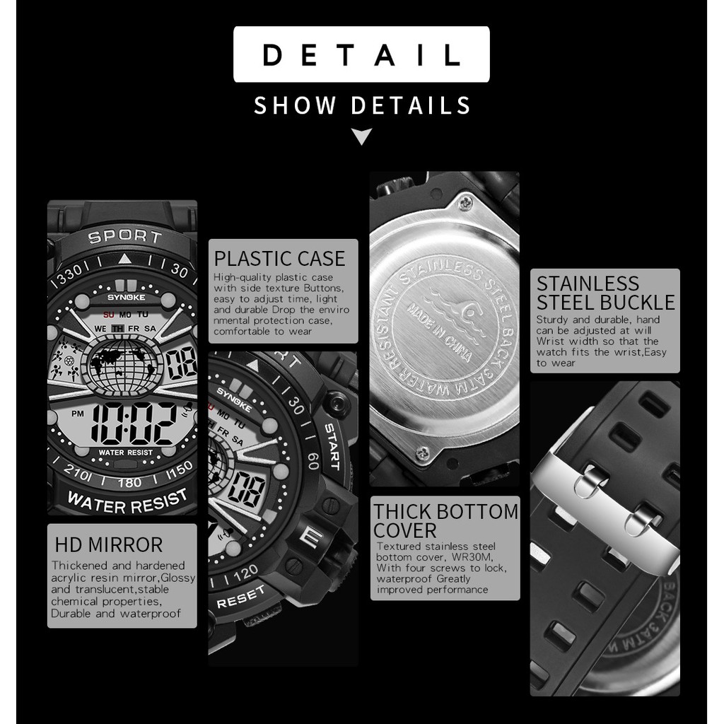 Đồng hồ điện tử thể thao thời trang trang nam cá tính dây nhựa cao cấp SYNOKE PKHRSNK015 (55 mm) | BigBuy360 - bigbuy360.vn