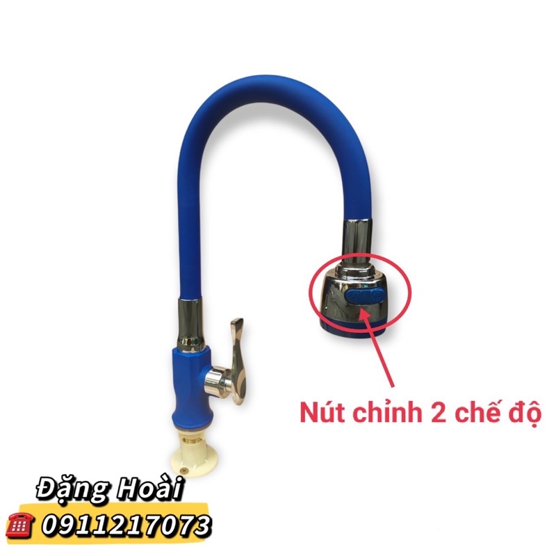 Vòi rửa chén bát bẻ xoay 360 độ cần inox bọc cao su màu xanh 2 chế độ cắm đứng phi chậu rửa Inox